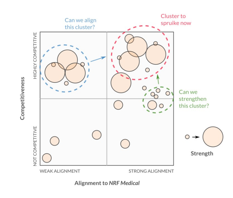 Matrix chart plotting ecosystem capabilities by strength, competitiveness, and alignment to more than 10 funding sources
